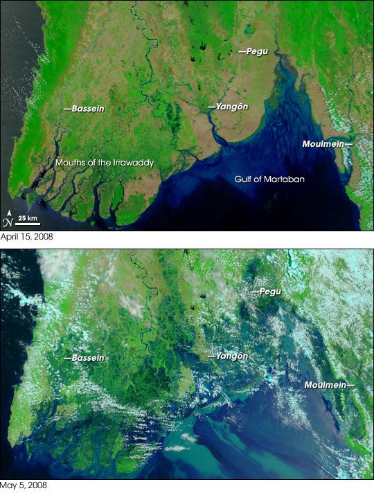 Irrawaddy Delta  before and after the impact of Cyclone Nargis in 2008