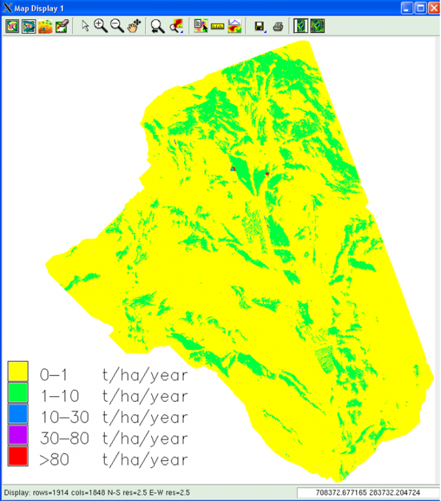 Erosion map of the northern Toka watershed in case of average intensity rain 