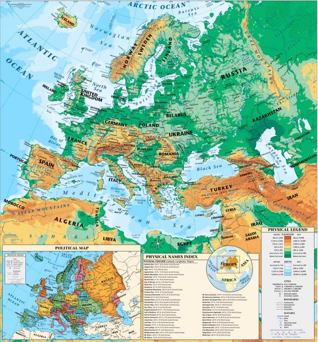 Physical map of Europe