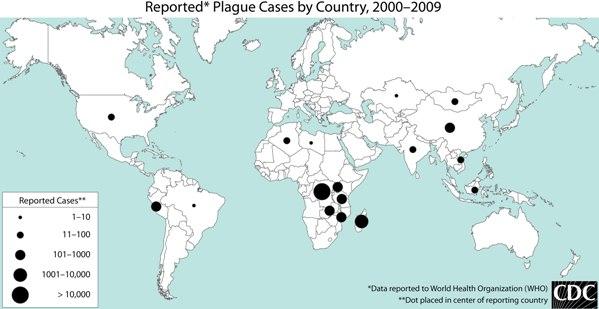   Distribution of plague cases, worldwide.  Data from WHO.